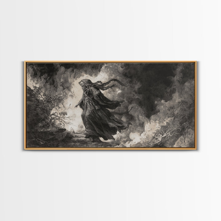The Ash-Covered Oracle, Baroque Witchcraft Art, Wide Panoramic Art, Gothic Horror Wall Art, Framed Canvas Print, Halloween Wall Art