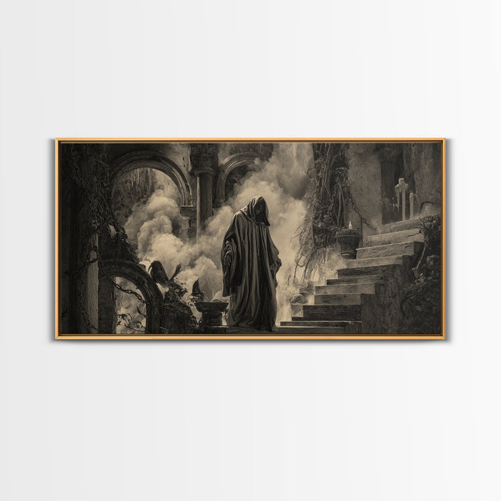 The Ash-Covered Oracle, Architectural Etching Art, Wide Panoramic Art, Dark Fantasy Wall Art, Framed Canvas Print