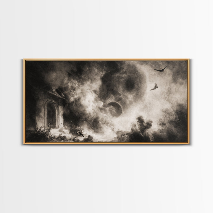 The Ash-Covered Oracle, Symbolist Dream Art, Wide Panoramic Art, Dark Halloween Decor, Framed Canvas Print, Halloween Wall Art