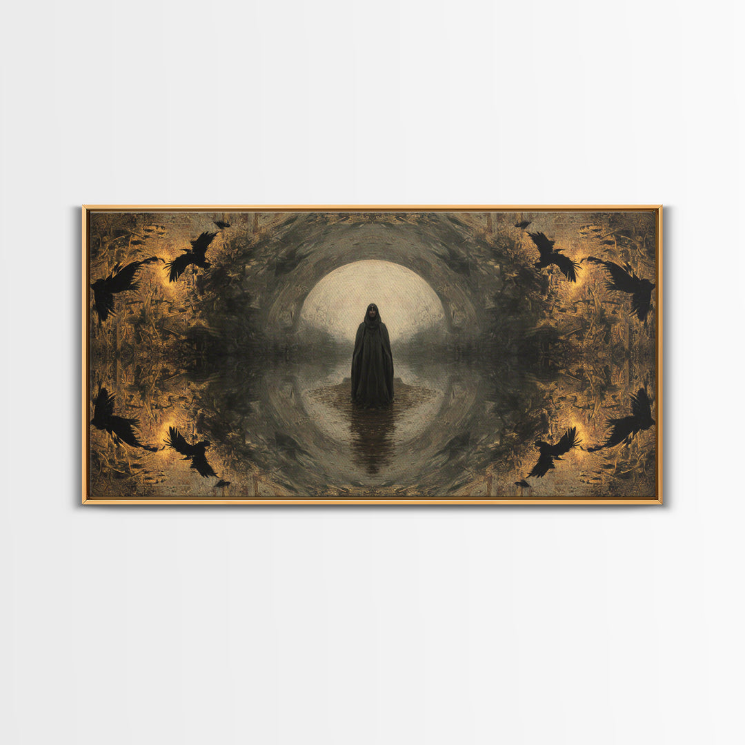 The Ash-Covered Oracle, Symbolist Gothic Landscape, Wide Panoramic Art, Dark Fantasy Wall Art, Canvas Print, Halloween Wall Art