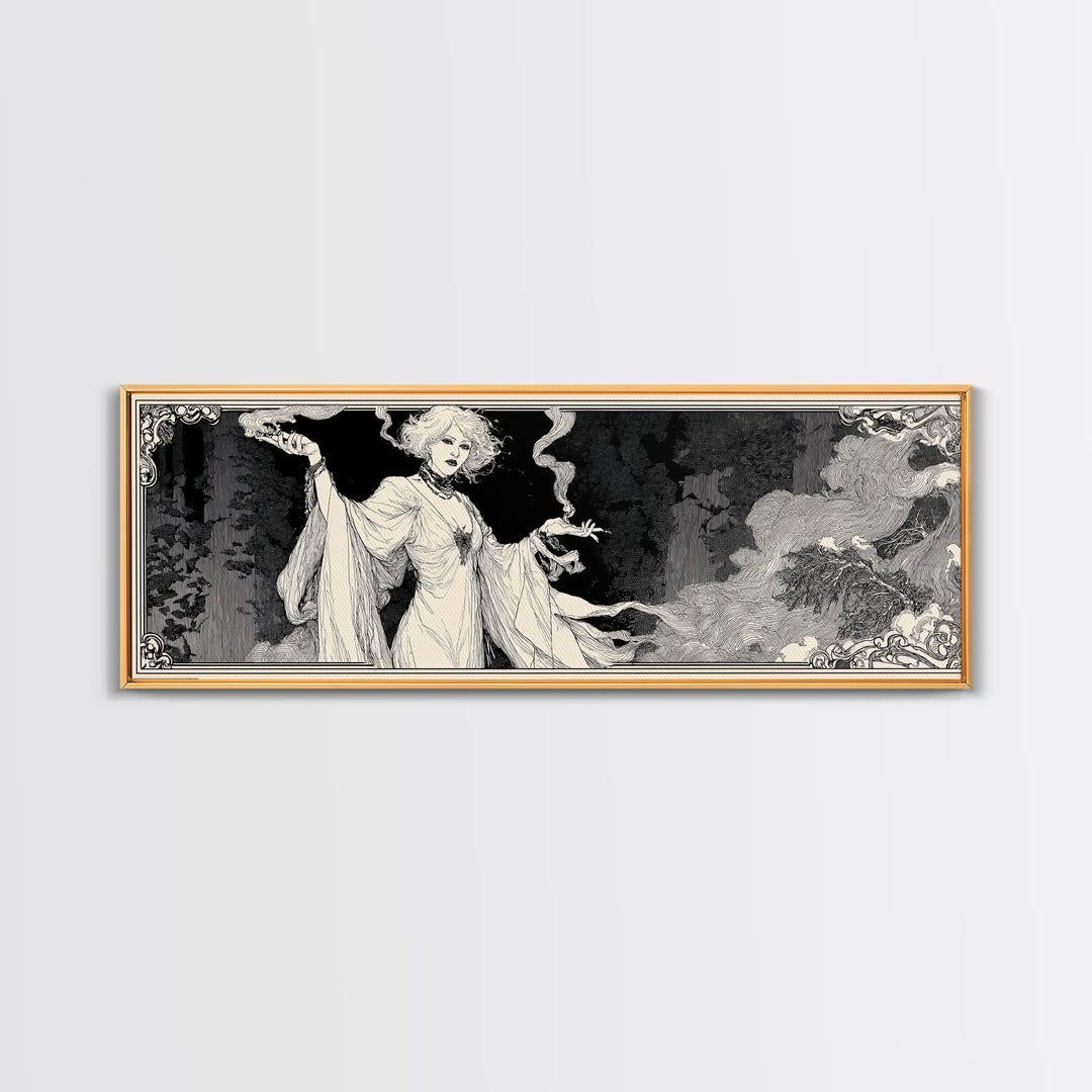 The Ash-Covered Oracle, Decadent Line Art, Extra Wide Wall Art, Gothic Horror Wall Art, Framed Canvas Print, Halloween Wall Art