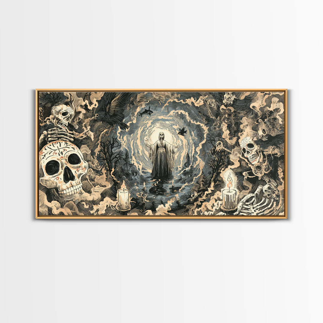 The Ash-Covered Oracle, Macabre Folk Print Art, Wide Panoramic Art, Gothic Horror Wall Art, Canvas Print, Halloween Wall Art