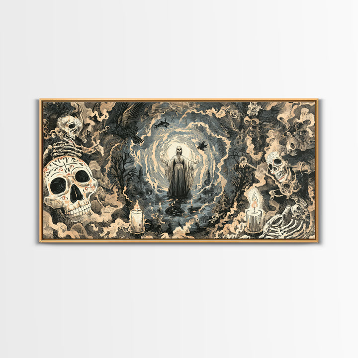 The Ash-Covered Oracle, Macabre Folk Print Art, Wide Panoramic Art, Gothic Horror Wall Art, Canvas Print, Halloween Wall Art