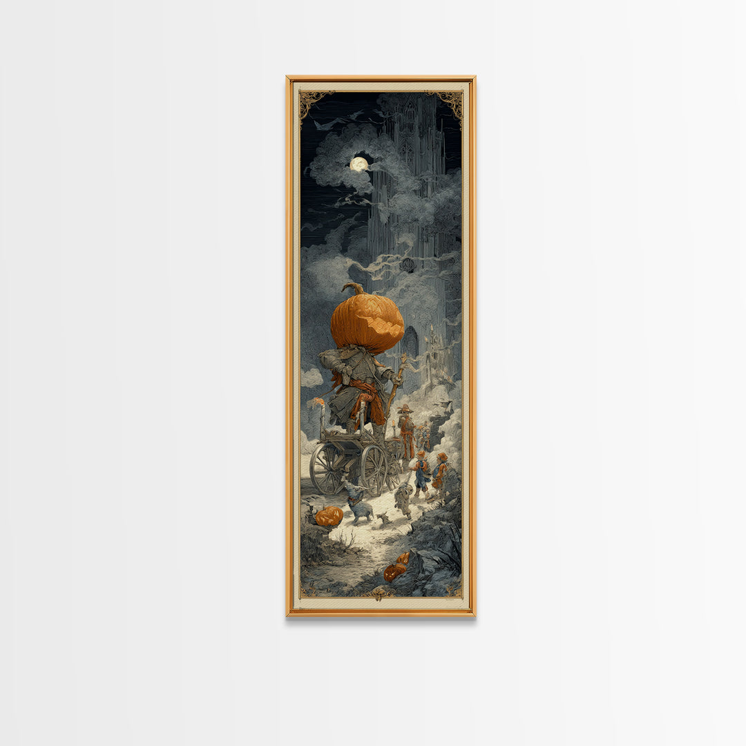 The Pumpkin-Headed Tea Merchant, Gothic Engraving Art, Tall Narrow Wall Art, Dark Fantasy Wall Art, Framed Canvas Print