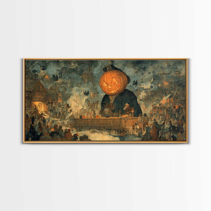 The Pumpkin-Headed Tea Merchant, Northern Renaissance Horror, Wide Panoramic Art, Gothic Horror Wall Art, Canvas Print