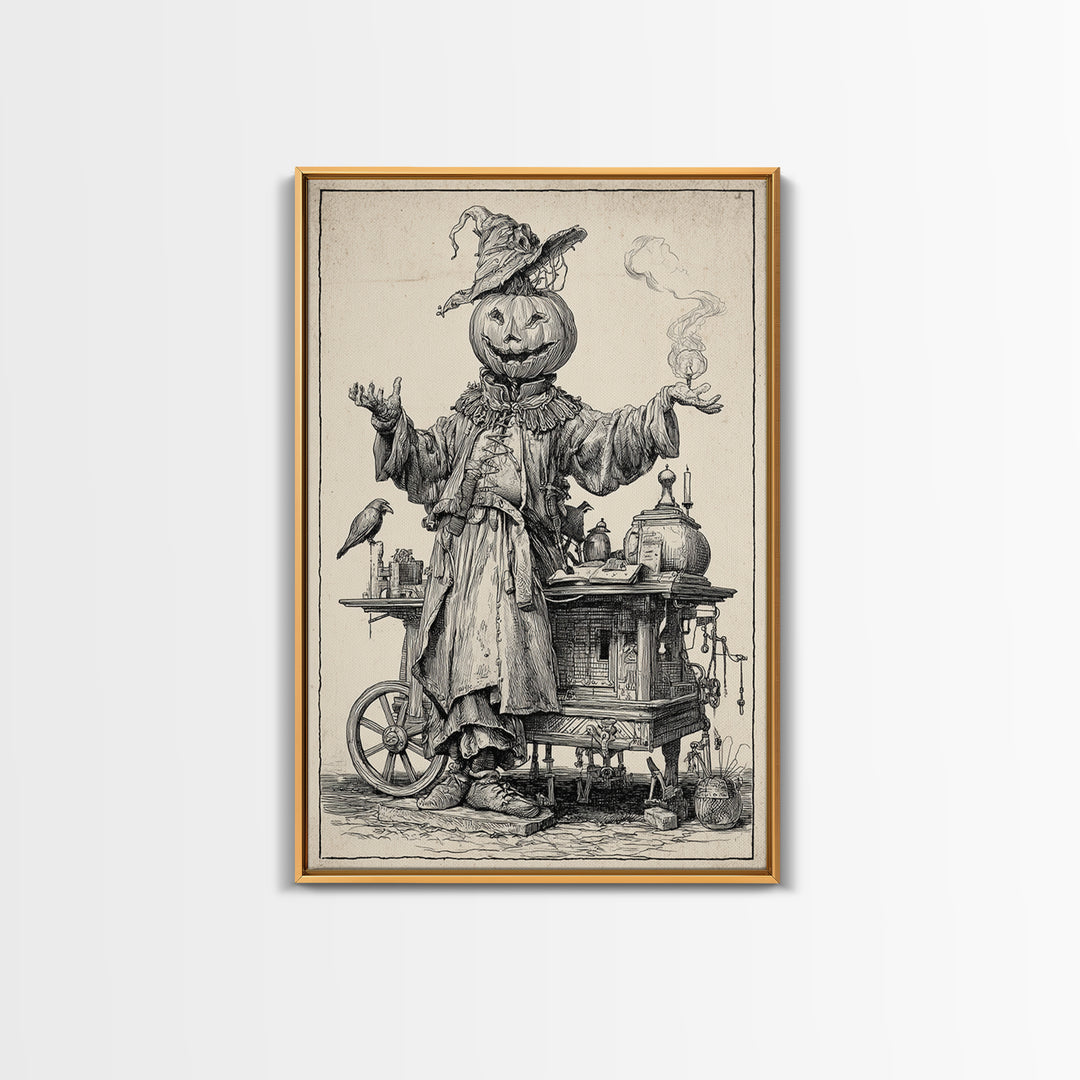 The Pumpkin-Headed Tea Merchant, Renaissance Engraving Art, Vertical Wall Art, Macabre Wall Art, Canvas Print, Halloween Wall Art