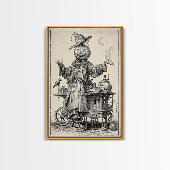 The Pumpkin-Headed Tea Merchant, Renaissance Engraving Art, Vertical Wall Art, Macabre Wall Art, Canvas Print, Halloween Wall Art