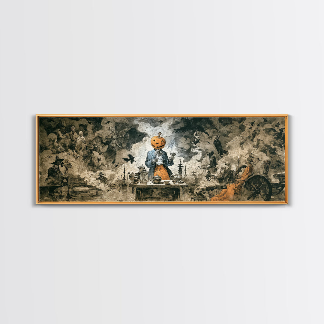 The Pumpkin-Headed Tea Merchant, Dark Romantic Horror Art, Extra Wide Wall Art, Gothic Horror Wall Art, Canvas Print, Halloween Wall Art