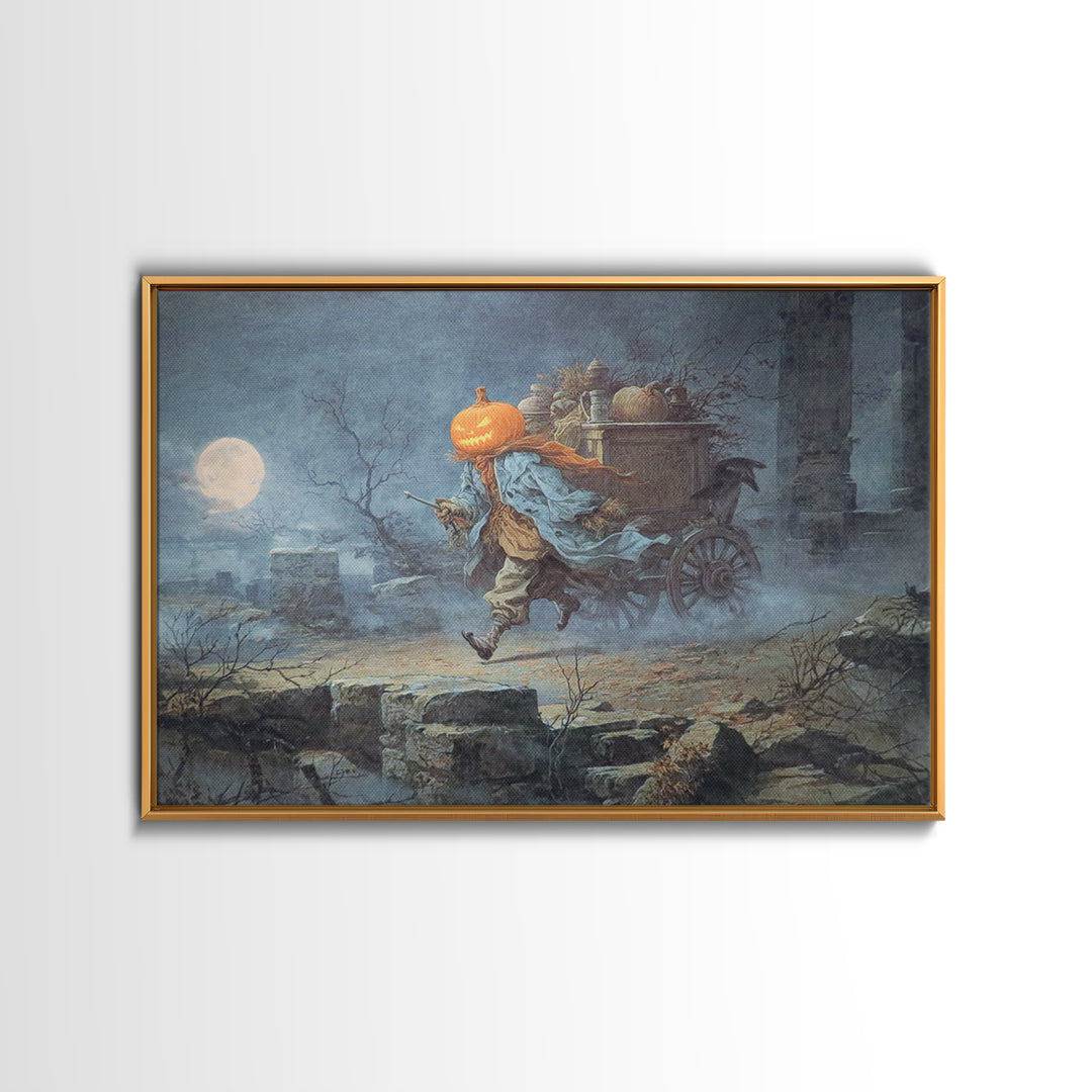 The Pumpkin-Headed Tea Merchant, Romantic Gothic Landscape, Landscape Wall Art, Dark Halloween Decor, Framed Canvas Print