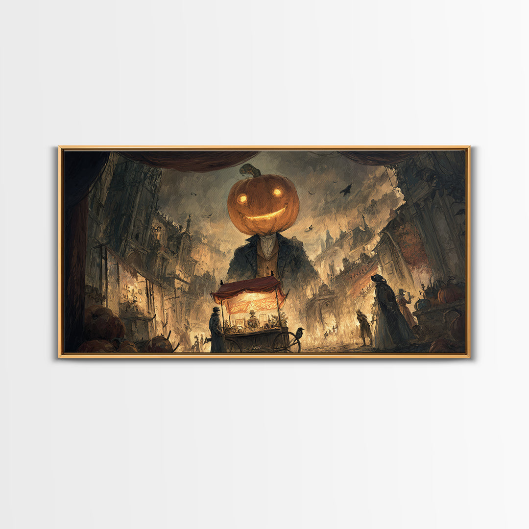 The Pumpkin-Headed Tea Merchant, Apocalyptic Romantic Art, Wide Panoramic Art, Dark Fantasy Wall Art, Framed Canvas Print, Halloween Decor
