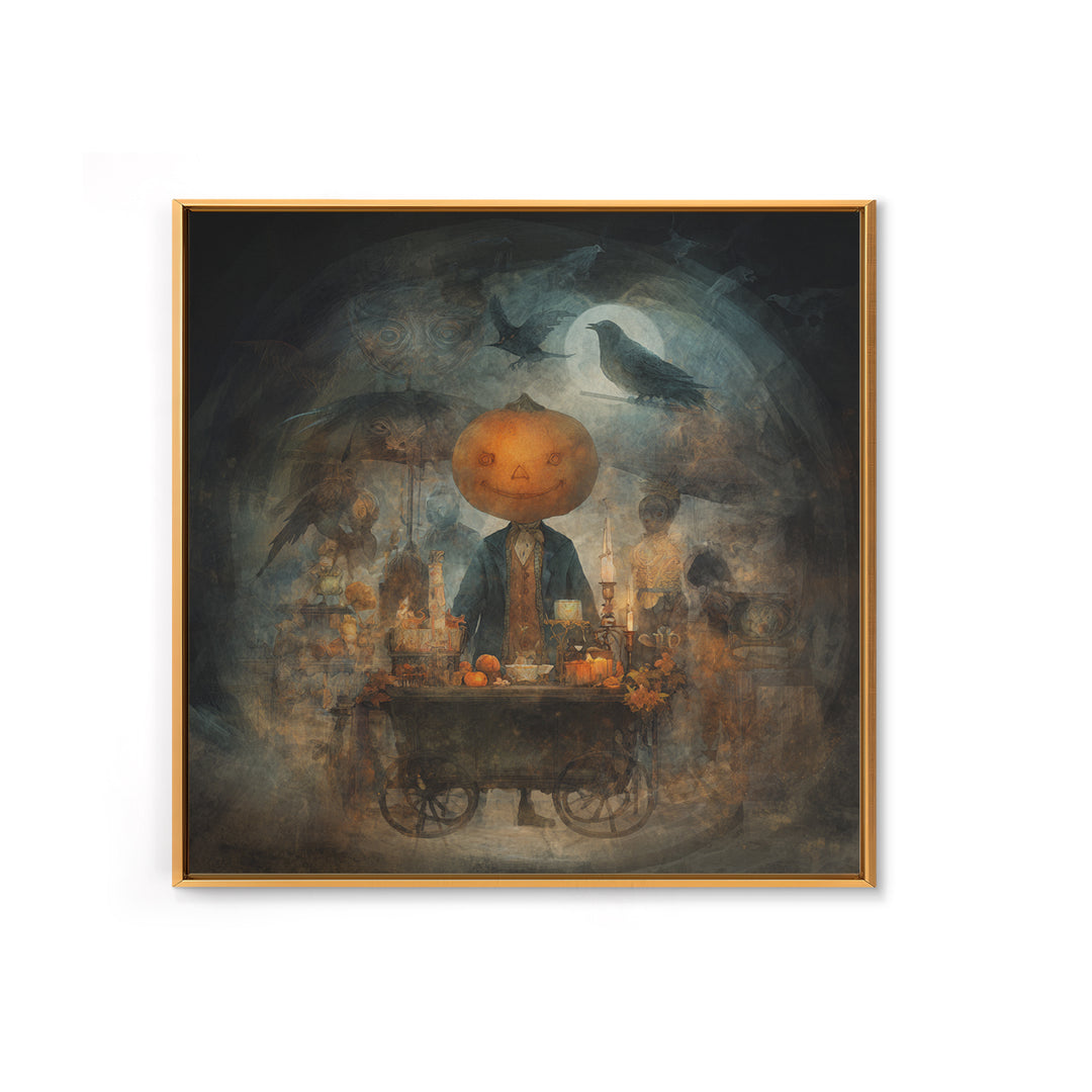 The Pumpkin-Headed Tea Merchant, Symbolist Dream Art, Square Wall Art, Dark Halloween Decor, Framed Canvas Print, Halloween Wall Art