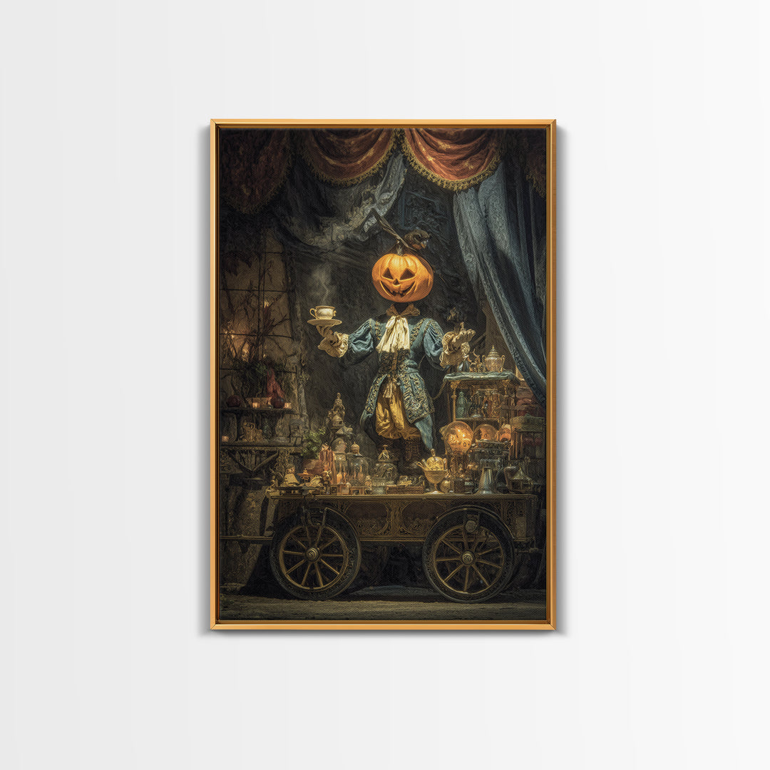 The Pumpkin-Headed Tea Merchant, Ornate Symbolist Art, Vertical Wall Art, Macabre Wall Art, Framed Canvas Print, Halloween Wall Art