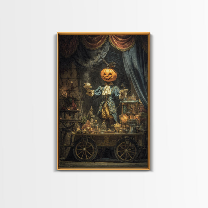 The Pumpkin-Headed Tea Merchant, Ornate Symbolist Art, Vertical Wall Art, Macabre Wall Art, Framed Canvas Print, Halloween Wall Art