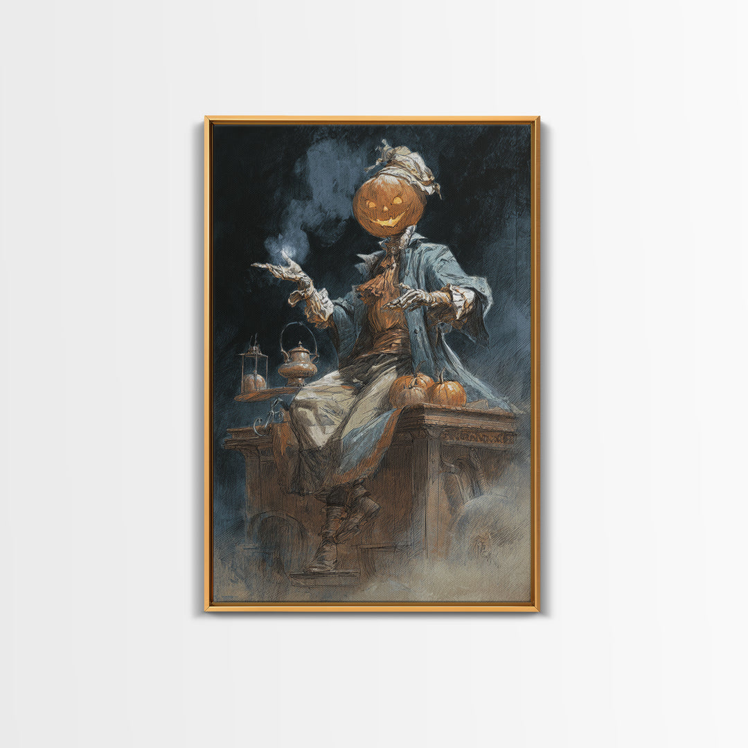 The Pumpkin-Headed Tea Merchant, Decadent Gothic Art, Vertical Wall Art, Dark Fantasy Wall Art, Canvas Print, Halloween Wall Art