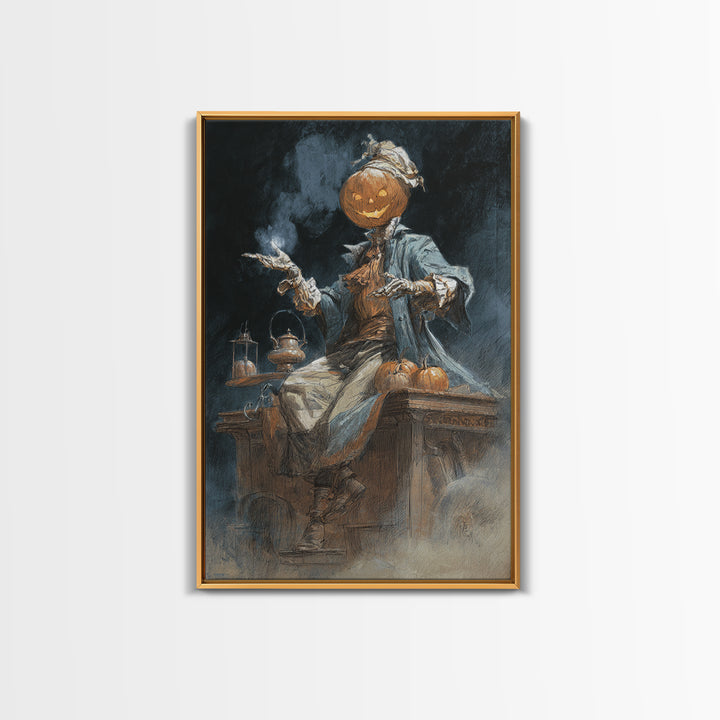 The Pumpkin-Headed Tea Merchant, Decadent Gothic Art, Vertical Wall Art, Dark Fantasy Wall Art, Canvas Print, Halloween Wall Art