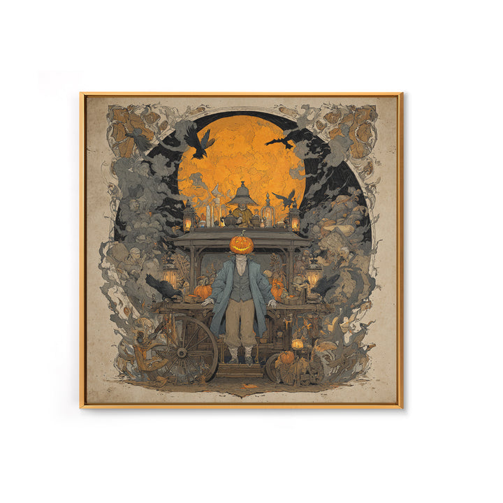 The Pumpkin-Headed Tea Merchant, Symbolist Etching Art, Square Wall Art, Macabre Wall Art, Framed Canvas Print, Halloween Wall Art