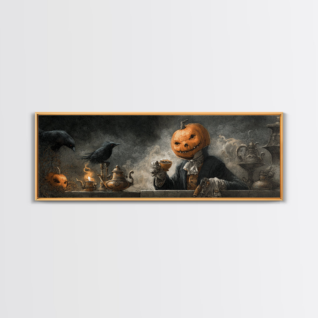 The Pumpkin-Headed Tea Merchant, Expressionist Nightmare Art, Extra Wide Wall Art, Gothic Horror Wall Art, Canvas Print, Halloween Wall Art