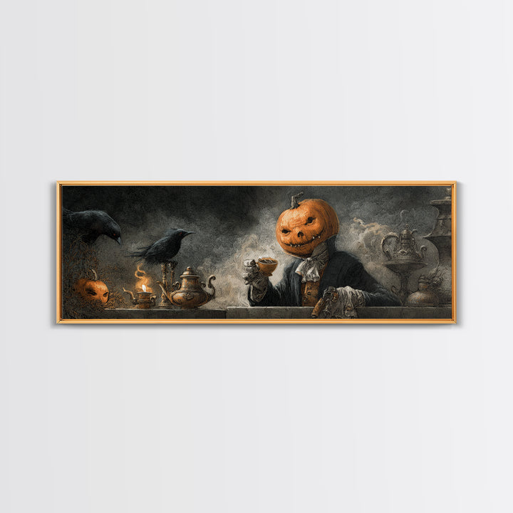The Pumpkin-Headed Tea Merchant, Expressionist Nightmare Art, Extra Wide Wall Art, Gothic Horror Wall Art, Canvas Print, Halloween Wall Art