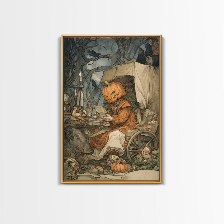 The Pumpkin-Headed Tea Merchant, Gothic Storybook Art, Vertical Wall Art, Dark Fantasy Wall Art, Framed Canvas Print