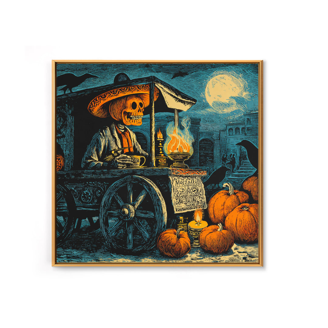 The Pumpkin-Headed Tea Merchant, Macabre Folk Print Art, Square Wall Art, Dark Halloween Decor, Canvas Print, Halloween Wall Art