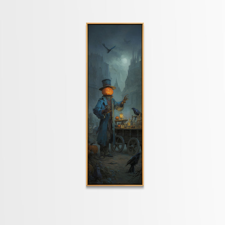The Pumpkin-Headed Tea Merchant, Surreal Apocalyptic Art, Tall Narrow Wall Art, Gothic Horror Wall Art, Framed Canvas Print