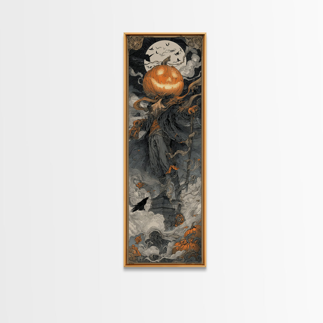 The Pumpkin-Headed Tea Merchant, Biomechanical Horror Art, Tall Narrow Wall Art, Macabre Wall Art, Canvas Print, Halloween Wall Art