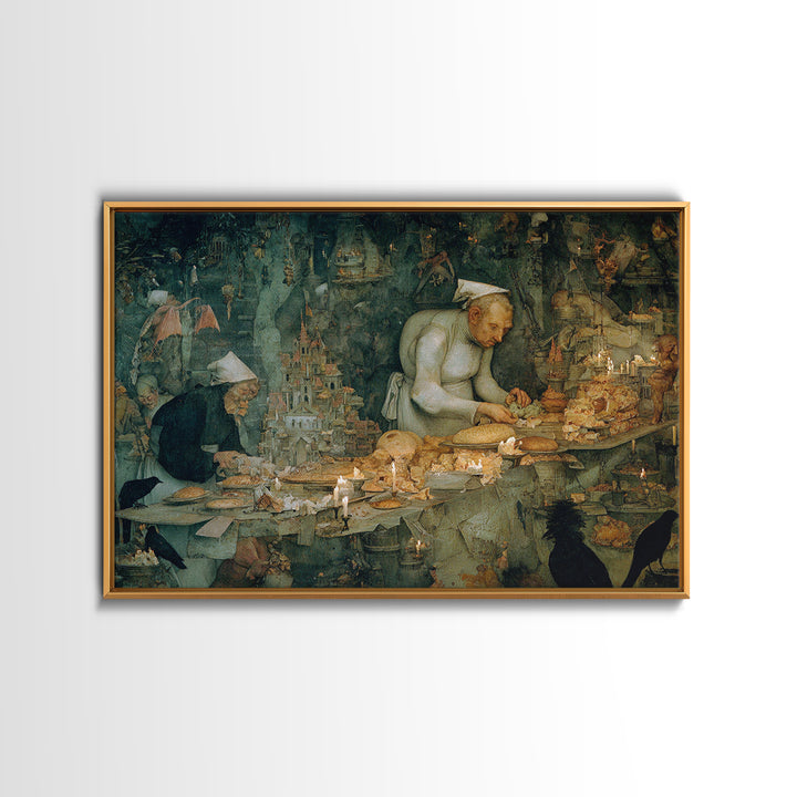 The Ghost Bakery, Medieval Grotesque Art, Landscape Wall Art, Macabre Wall Art, Framed Canvas Print, Halloween Wall Art