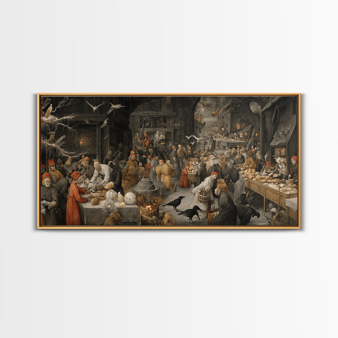 The Ghost Bakery, Northern Renaissance Horror, Wide Panoramic Art, Dark Halloween Decor, Framed Canvas Print, Halloween Wall Art
