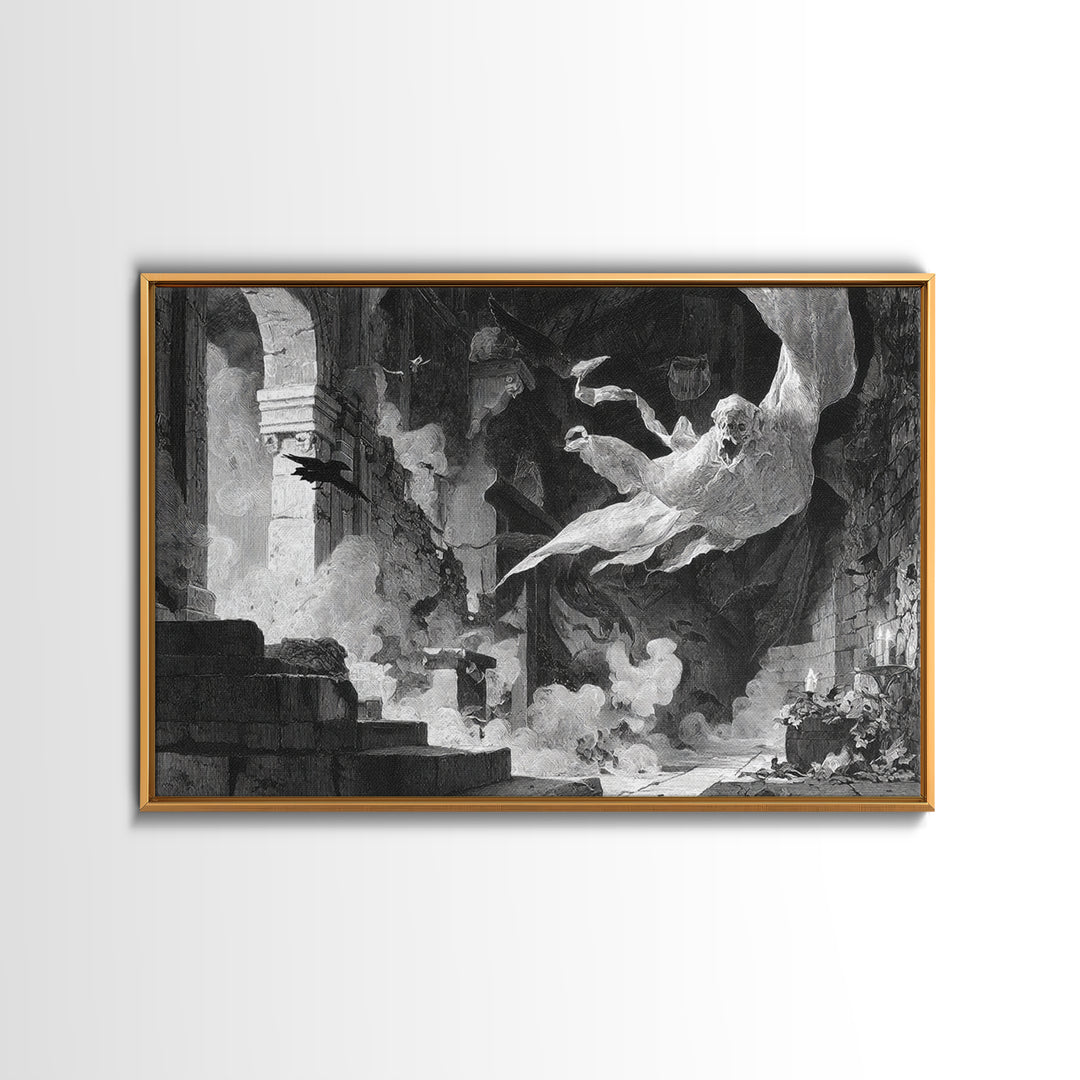 The Ghost Bakery, Architectural Etching Art, Landscape Wall Art, Macabre Wall Art, Framed Canvas Print, Halloween Wall Art