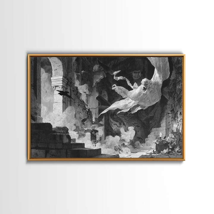 The Ghost Bakery, Architectural Etching Art, Landscape Wall Art, Macabre Wall Art, Framed Canvas Print, Halloween Wall Art