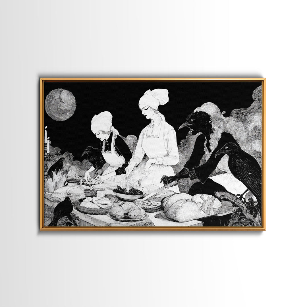The Ghost Bakery, Decadent Line Art, Landscape Wall Art, Dark Fantasy Wall Art, Framed Canvas Print, Halloween Wall Art