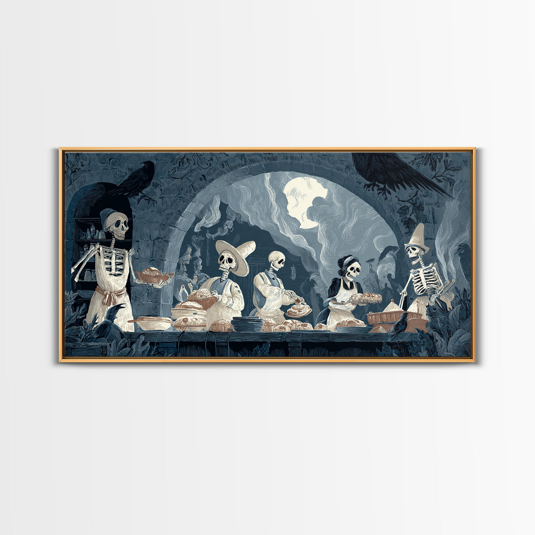 The Ghost Bakery, Macabre Folk Print Art, Wide Panoramic Art, Dark Halloween Decor, Canvas Print, Halloween Wall Art