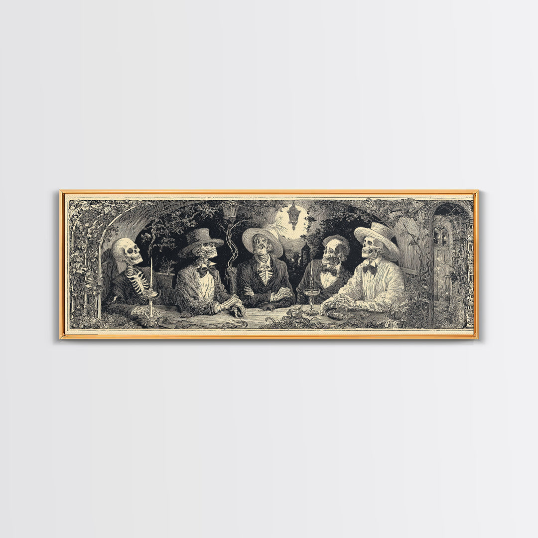 The Skeleton Barbershop Quartet, Symbolist Etching Art, Extra Wide Wall Art, Macabre Wall Art, Canvas Print, Halloween Wall Art