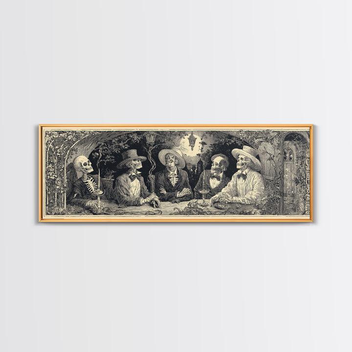 The Skeleton Barbershop Quartet, Symbolist Etching Art, Extra Wide Wall Art, Macabre Wall Art, Canvas Print, Halloween Wall Art
