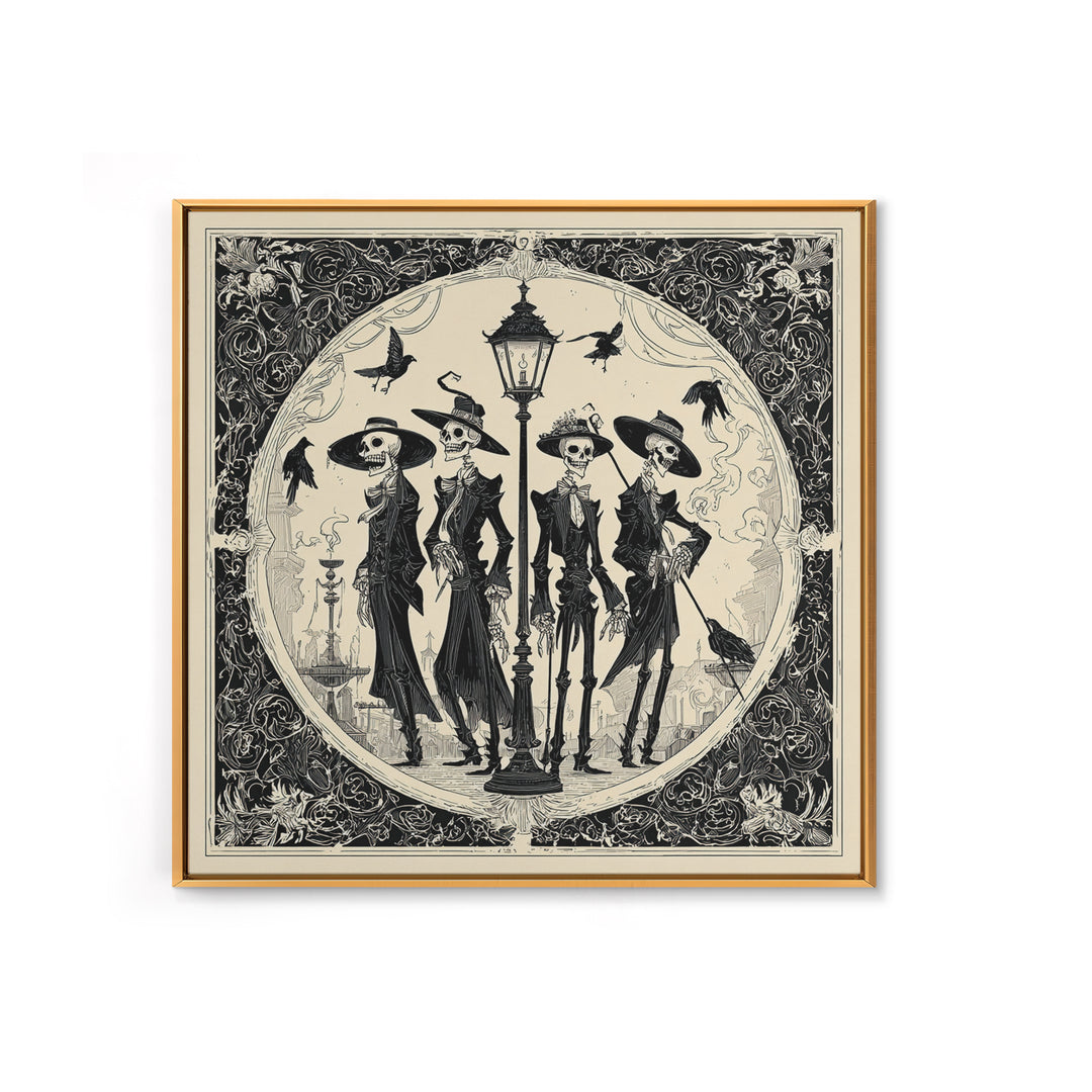 The Skeleton Barbershop Quartet, Decadent Line Art, Square Wall Art, Dark Halloween Decor, Framed Canvas Print