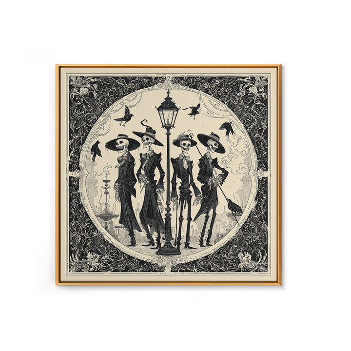 The Skeleton Barbershop Quartet, Decadent Line Art, Square Wall Art, Dark Halloween Decor, Framed Canvas Print