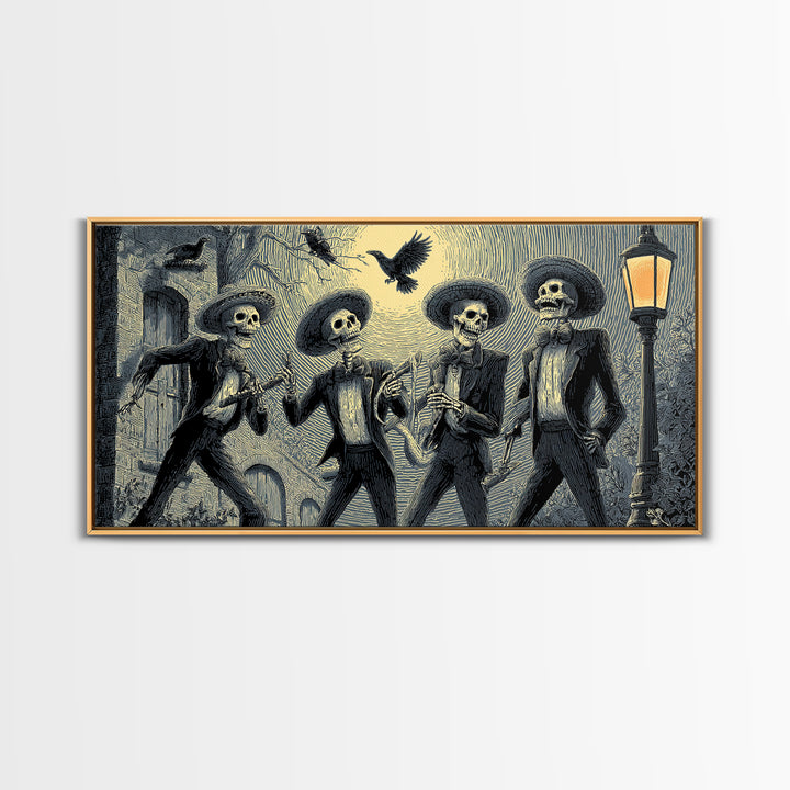 The Skeleton Barbershop Quartet, Macabre Folk Print Art, Wide Panoramic Art, Dark Halloween Decor, Canvas Print