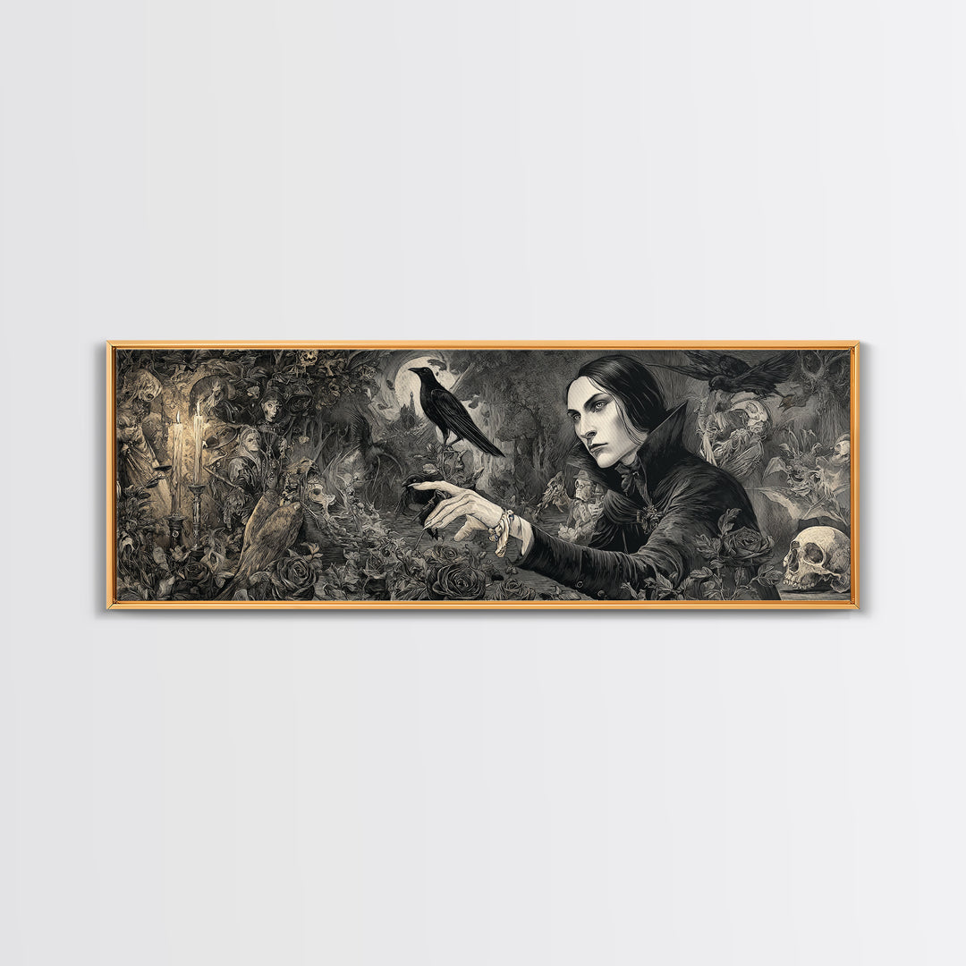 The Vampire Florist, Medieval Grotesque Art, Extra Wide Wall Art, Gothic Horror Wall Art, Framed Canvas Print, Halloween Wall Art