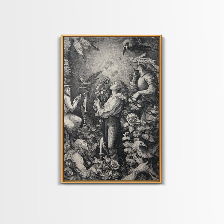 The Vampire Florist, Renaissance Engraving Art, Vertical Wall Art, Dark Fantasy Wall Art, Framed Canvas Print, Halloween Wall Art