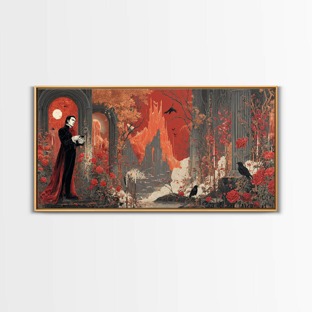 The Vampire Florist, Apocalyptic Romantic Art, Wide Panoramic Art, Dark Fantasy Wall Art, Framed Canvas Print, Halloween Wall Art