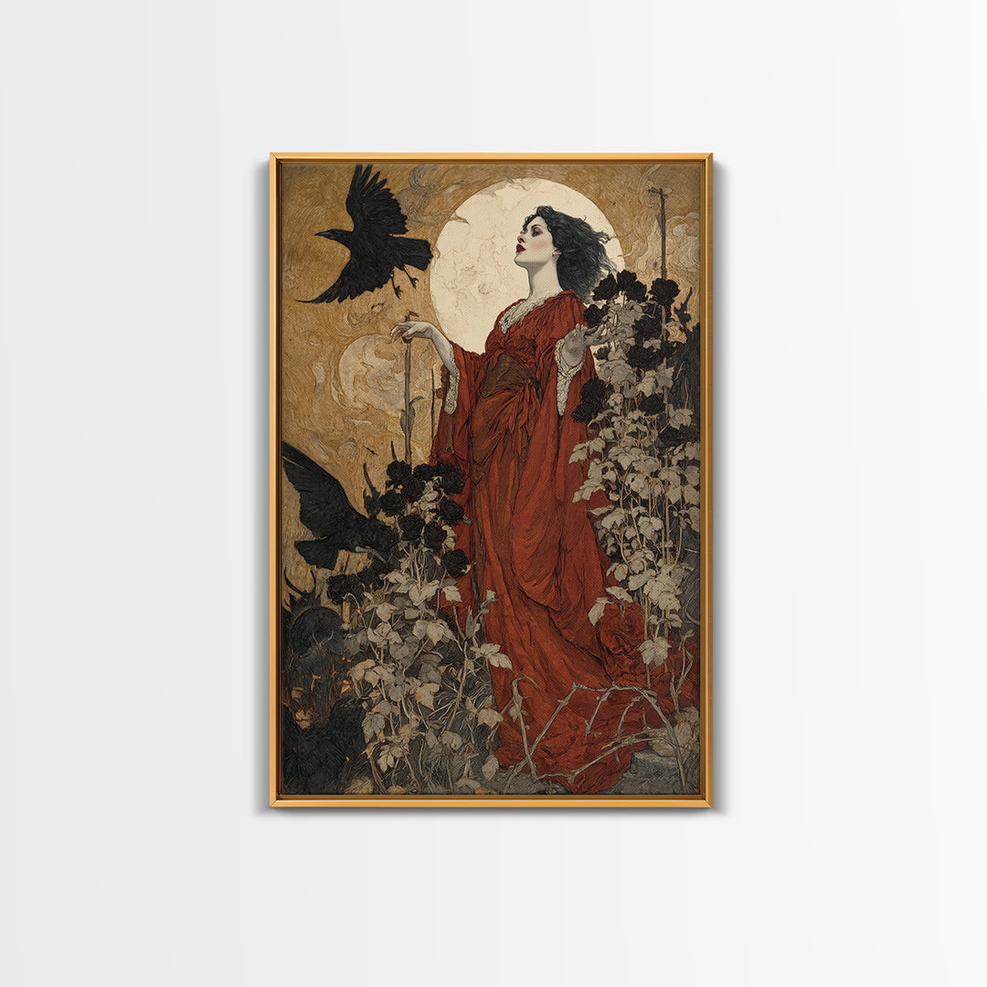 The Vampire Florist, Symbolist Etching Art, Vertical Wall Art, Macabre Wall Art, Canvas Print, Halloween Wall Art, Gothic Home Decor