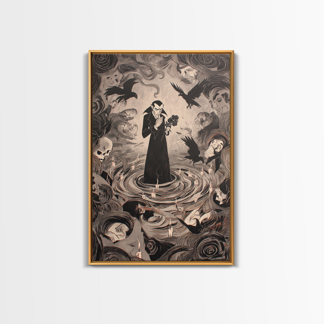 The Vampire Florist, Expressionist Gothic Art, Vertical Wall Art, Macabre Wall Art, Framed Canvas Print, Halloween Wall Art