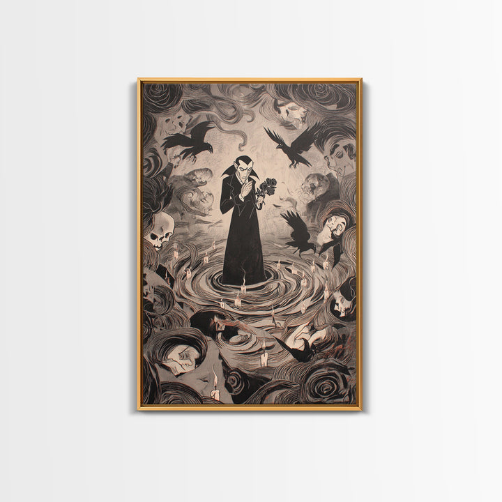 The Vampire Florist, Expressionist Gothic Art, Vertical Wall Art, Macabre Wall Art, Framed Canvas Print, Halloween Wall Art