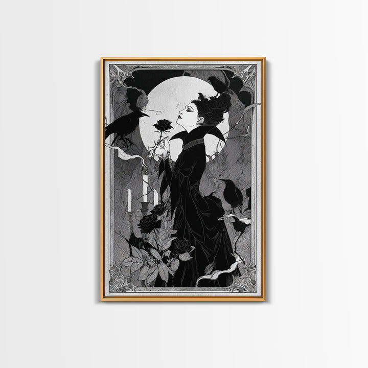 The Vampire Florist, Decadent Line Art, Vertical Wall Art, Dark Fantasy Wall Art, Canvas Print, Halloween Wall Art