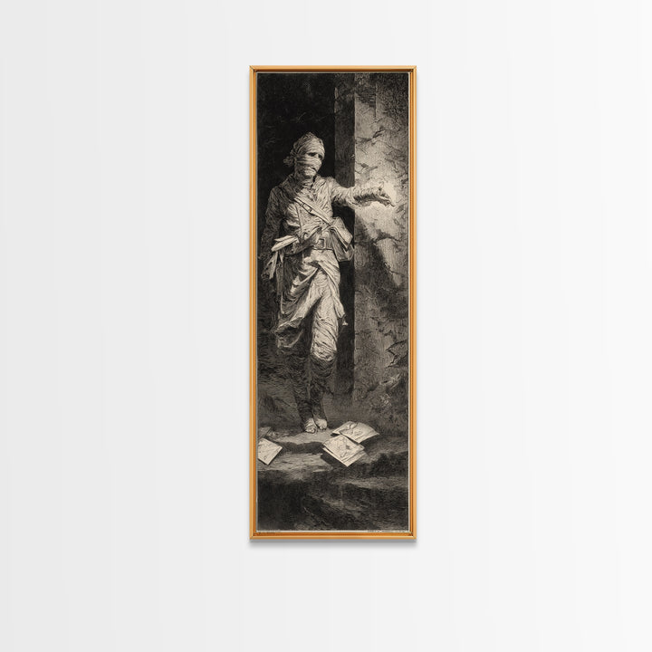 The Mummy Mail Carrier, Gothic Engraving Art, Tall Narrow Wall Art, Dark Fantasy Wall Art, Framed Canvas Print, Halloween Wall Art