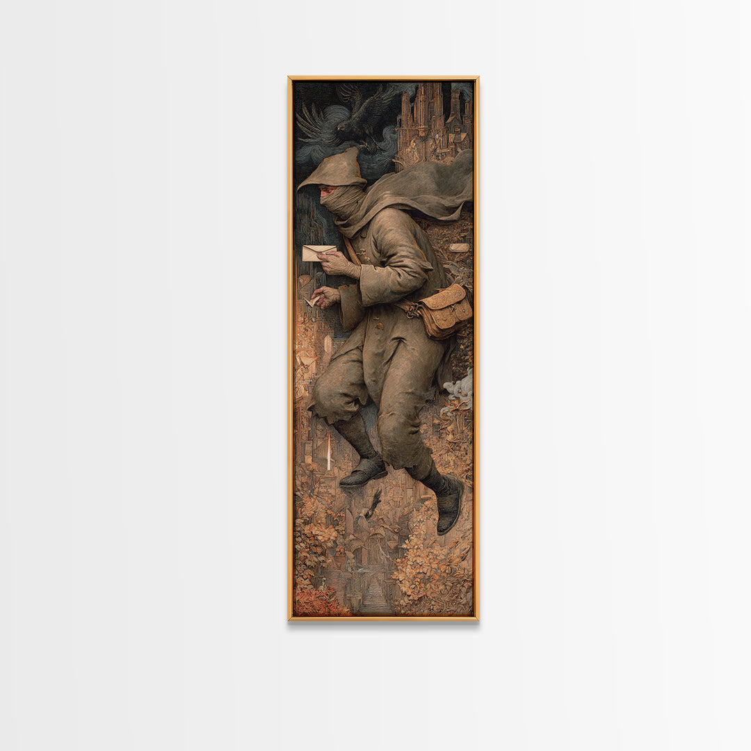 The Mummy Mail Carrier, Medieval Grotesque Art, Tall Narrow Wall Art, Dark Fantasy Wall Art, Framed Canvas Print, Halloween Wall Art