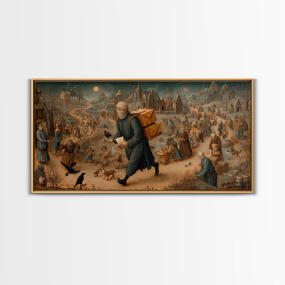The Mummy Mail Carrier, Northern Renaissance Horror, Wide Panoramic Art, Dark Halloween Decor, Canvas Print, Halloween Wall Art