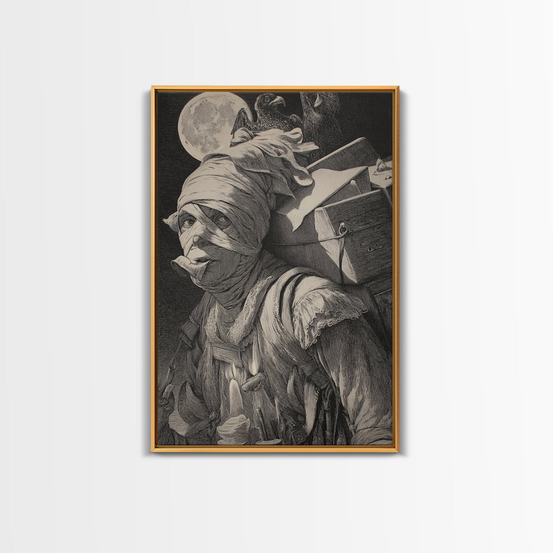 The Mummy Mail Carrier, Renaissance Engraving Art, Vertical Wall Art, Dark Fantasy Wall Art, Canvas Print, Halloween Wall Art