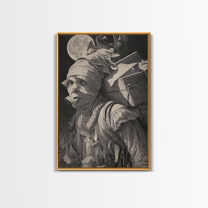 The Mummy Mail Carrier, Renaissance Engraving Art, Vertical Wall Art, Dark Fantasy Wall Art, Canvas Print, Halloween Wall Art