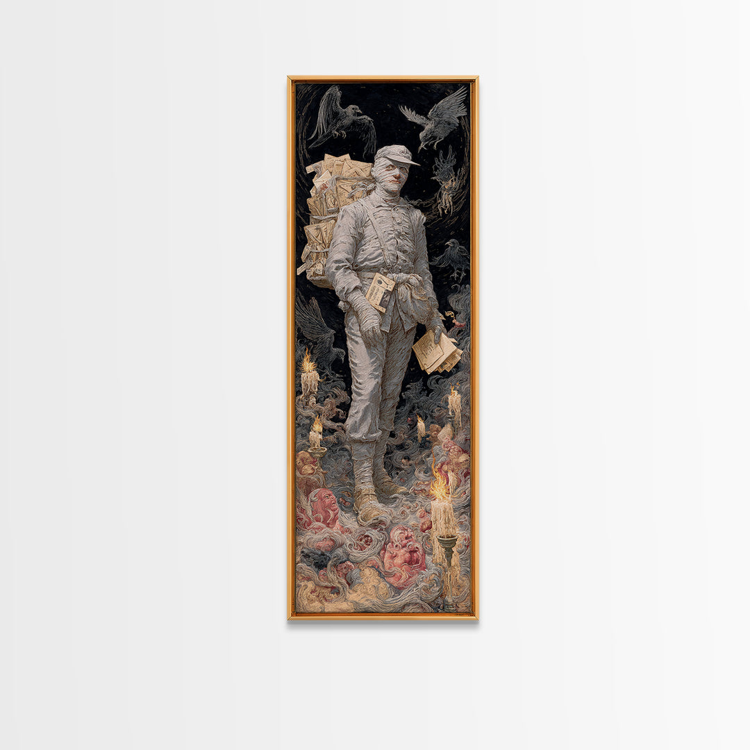 The Mummy Mail Carrier, Visionary Gothic Art, Tall Narrow Wall Art, Dark Fantasy Wall Art, Canvas Print, Halloween Wall Art